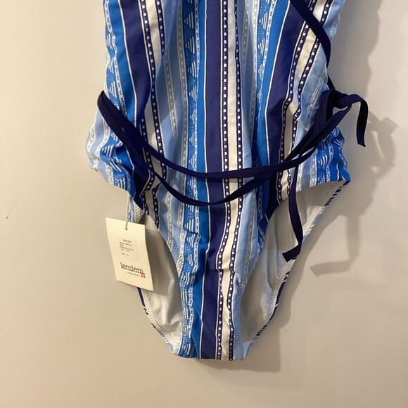 Lemlem Eshal Wrap Effect Stretch Jacquard Swimsuit Blue Striped Swimsuit - Picture 12 of 15